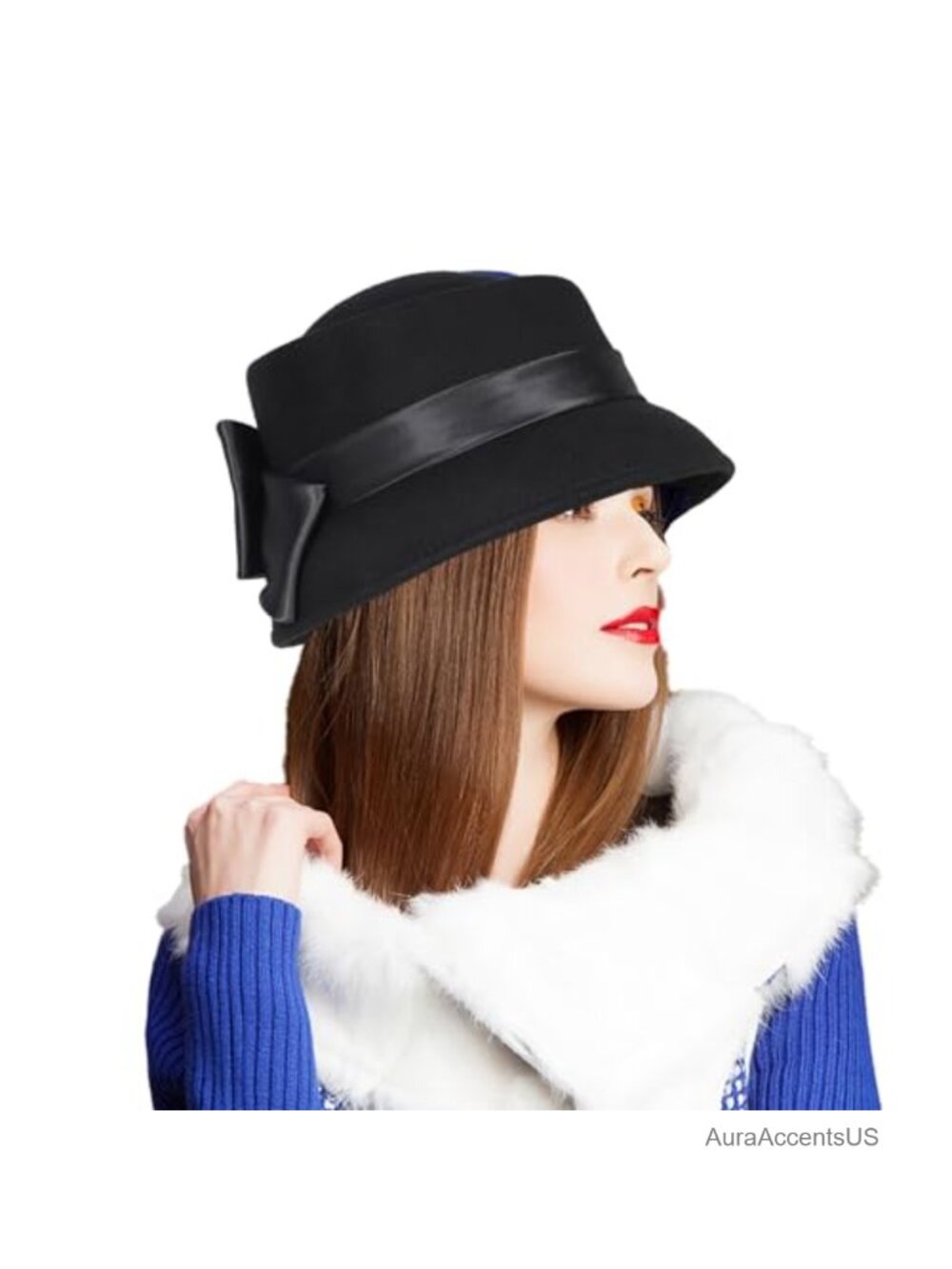 Wool Cloche Church Hat with Satin Bow Vintage Bowler Bucket Hat